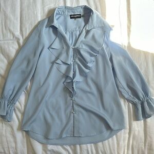 Baby blue pearl and ruffled blouse